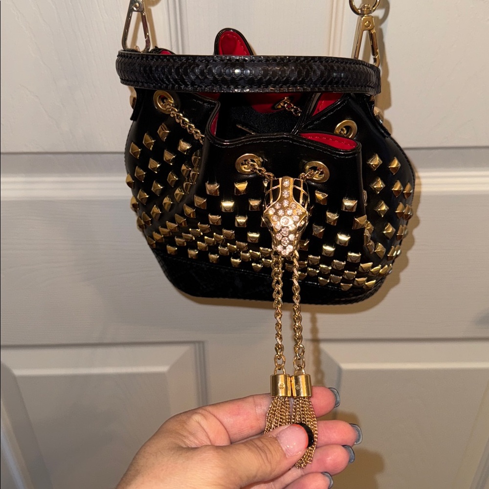 Aldo Black and Gold Snake Studded Bucket Bag with Crossbody Strap - Picture 11 of 12